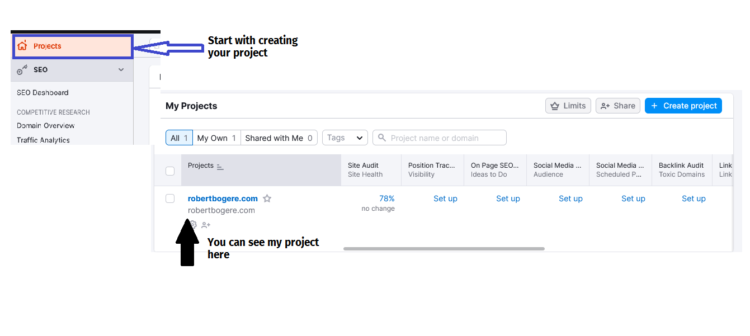 Setting up a project in Semrush tool